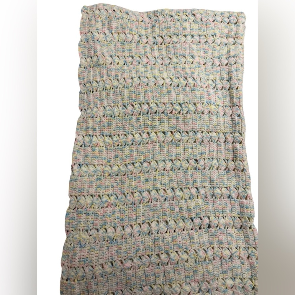 Hand crocheted baby blanket. 31W x 37 L. Beautiful colors and detail.
